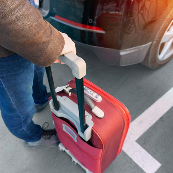 Person with suitcase in front of car